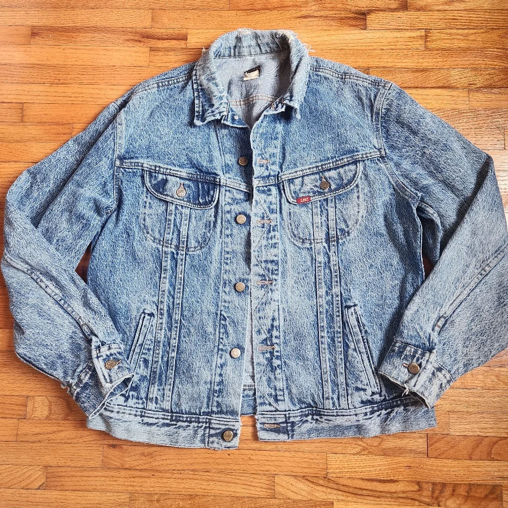 Vintage Lee Large Tall Acid Wash Denim Trucker Jacket Blue Jean Distressed 90s